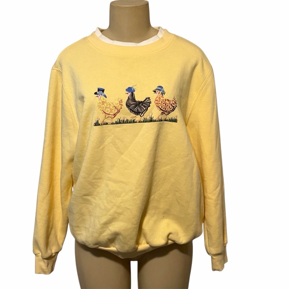 Bon Worth vintage yellow spring chickens blue hat sweatshirt grandmacore granny
